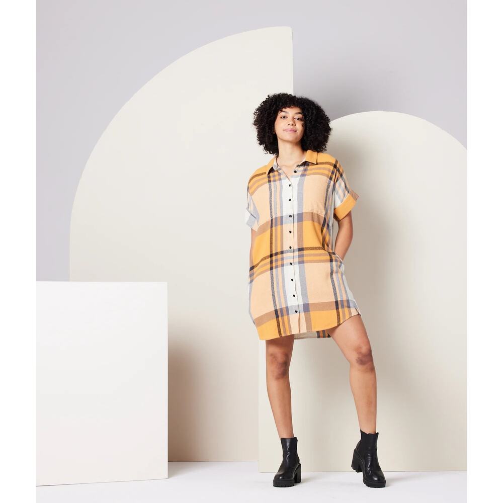 #4p- KNOWN SUPPLY AMARIS FLANNEL DRESS APRICOT PLAID-NWOT- SZ:Small